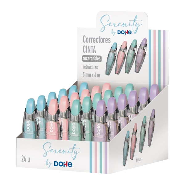 Dohe Serenity Expositor con 24 Cintas Correctoras - 5mm x 6m - Pulsador Retractil - Recargable - Cuerpo Ergonomico - Colores Surtidos