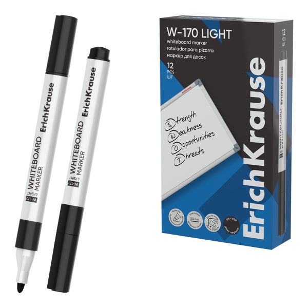 ErichKrause W-170 light Rotulador para Pizarra Blanca - Facil de Borrar - Punta Conica - Trazo de 2.5mm - Secado Rapido - Cuerpo Triangular - Color Negro · Pack de 12 uds.