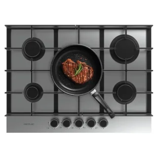 Cecotec Bolero Squad G 5400F Inox Cocina de Gas Encastrable - 5 Quemadores - Acero Inoxidable - 10.4kW - Parrillas de Hierro Fundido - Wok de Triple Corona - Color Acero