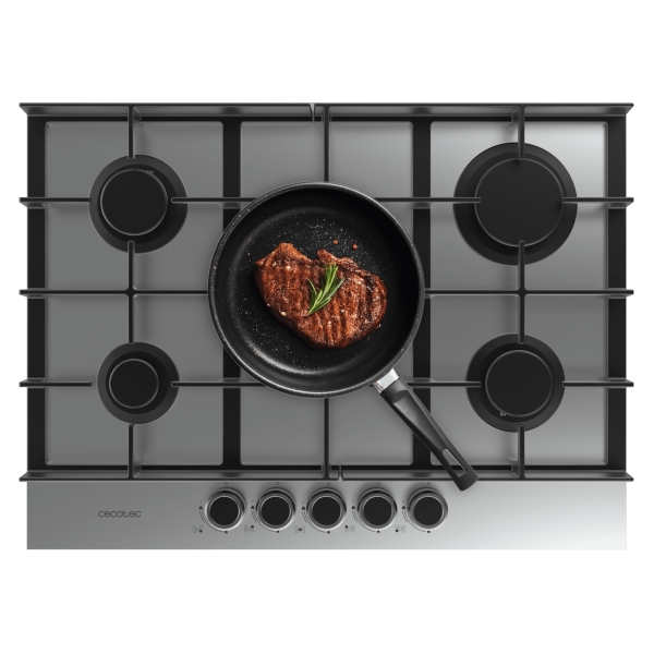 Cecotec Bolero Squad G 5400F Inox Cocina de Gas Encastrable - 5 Quemadores - Acero Inoxidable - 10.4kW - Parrillas de Hierro Fundido - Wok de Triple Corona - Color Acero
