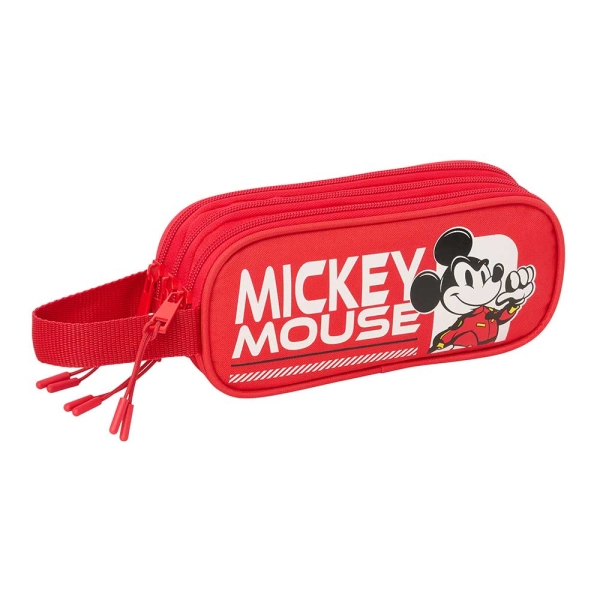 Safta Mickey and Friends Racing Portatodo - 3 Compartimentos con Cremallera - Asa Lateral - 21x8.5x7cm - Color Rojo