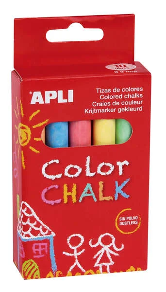 Apli Tizas Redondas de Colores Surtidos - Pack de 10 Tizas de Ø 9 x 80mm - sin Polvo - Ideales para Escribir, Dibujar y Colorear en Pizarras y Pavimentos - Aptas para Uso Escolar · Pack de 12 uds.