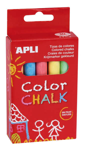 Apli Tizas Redondas de Colores Surtidos - Pack de 10 Tizas de Ø 9 x 80mm - sin Polvo - Ideales para Escribir, Dibujar y Colorear en Pizarras y Pavimentos - Aptas para Uso Escolar · Pack de 12 uds.