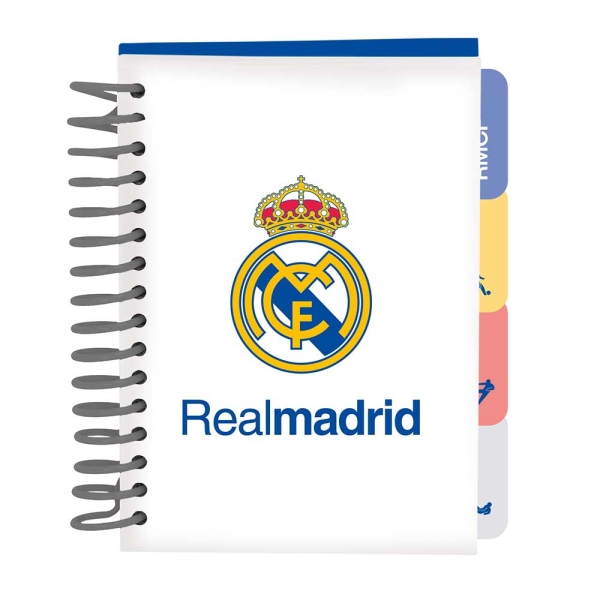Safta Real Madrid Equipacion 26/27 Bloc de Notas - Formato A6 - 80 Hojas de 80 g/m2 - Espiral - Tapas Duras - 4 Separadores Interiores - 10.5x14.8cm - Color Blanco