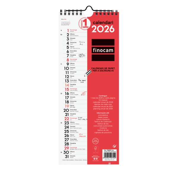 Finocam Calendario de Pared en Catalan - Anual 2026 - Formato Largo M - 130x5x335mm - Espacio para Escribir - Color Blanco y Rojo