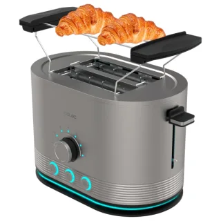 Cecotec Shine and Toast Double Tostadora Doble - Potencia 850W - Ranura Ancha - Acabados en Acero Inoxidable - 7 Niveles de Tostado - Autocentrado - Calienta Panecillos - Color Gris