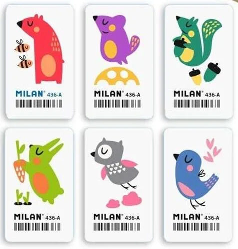 Milan 436A Goma de Borrar Rectangular Flexible - Miga de Pan - Caucho Sintetico - Dibujos Infantiles - Dibujos Surtidos · Pack de 36 uds.