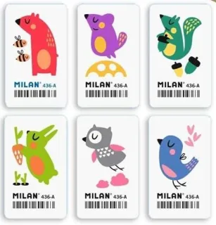 Milan 436A Goma de Borrar Rectangular Flexible - Miga de Pan - Caucho Sintetico - Dibujos Infantiles - Dibujos Surtidos · Pack de 36 uds.