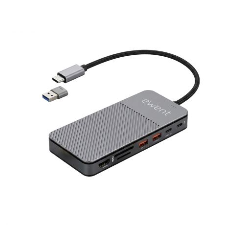 Ewent EW1156 Docking Station USB-C 8 en 1 con Ranura SSD M.2 - 1xHDMI 4K, 1xUSB-C 3.2, 2xUSB-A 3.2, 1xUSB-C PD 100W, 1xSD y 1xTF - Compatible SSD NVMe - Color Gris