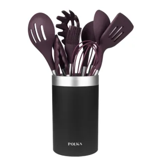Cecotec Polka Experience Titan Pack de 9 Utensilios de Cocina - Mango de Acero y Caucho Termoplastico - Silicona Antiadherente - Resistente hasta 220°C - Incluye Soporte - Libre de BPA - Col