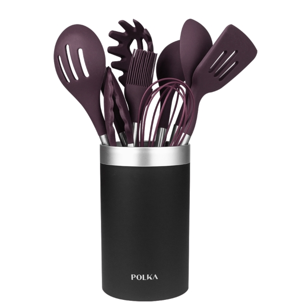 Cecotec Polka Experience Titan Pack de 9 Utensilios de Cocina - Mango de Acero y Caucho Termoplastico - Silicona Antiadherente - Resistente hasta 220°C - Incluye Soporte - Libre de BPA - Col
