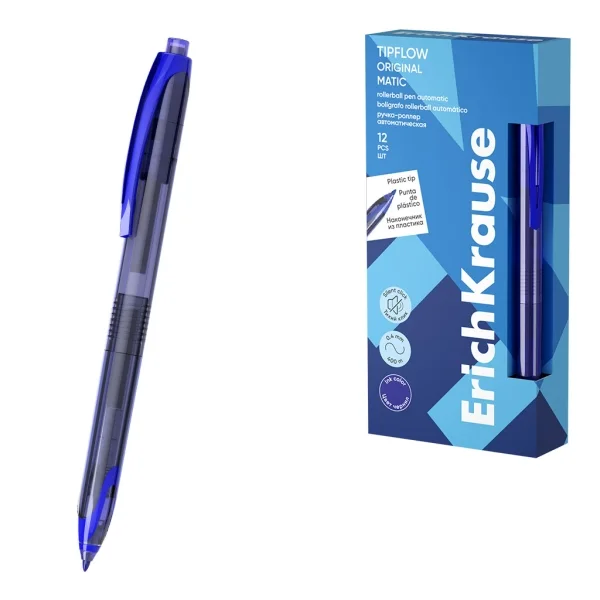 ErichKrause TipFlow Matic Original Boligrafo Retractil - Punta de 0.5mm - Cuerpo Transparente - Trazo 0.4mm - Color Azul · Pack de 12 uds.