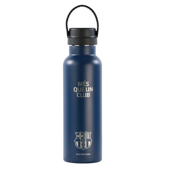 Safta F.C.Barcelona Botella Reutilizable 600mL - Doble Pared - Base de Silicona - Acero Inoxidable - Tapon a Rosca con Asa - 12H Caliente / 24H Frio - 25x7.3x7.3cm - Color Azul Marino