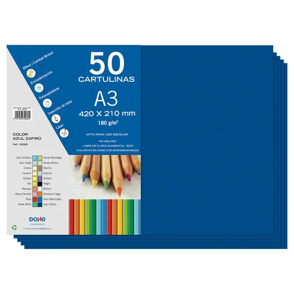 Dohe Pack de 50 Cartulinas A3 de 180gr - Con PH Neutro - Libres de Cloro Elemental - Color Azul Zafiro