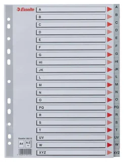 Esselte Indice Abecedario de Plastico con Caratula A4 - Tipo A-Z - Cartulina Indice: Carton Gris - Material PP - Tamaño A4 - Multitaladro - Presentacion en Bolsa Individual - Color Gris