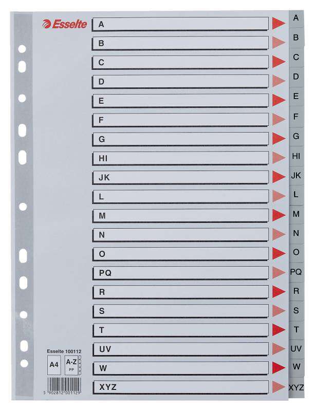 Esselte Indice Abecedario de Plastico con Caratula A4 - Tipo A-Z - Cartulina Indice: Carton Gris - Material PP - Tamaño A4 - Multitaladro - Presentacion en Bolsa Individual - Color Gris