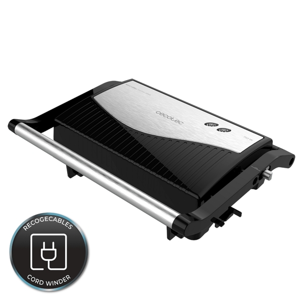 Cecotec Rock'nGrill 750 Full Open Parrilla Electrica - 750W - Apertura 180º - Revestimiento Antiadherente - Placa Flotante - Indicador Luminoso - Cierre Vertical con Pinza - 23x14.5cm - Colo