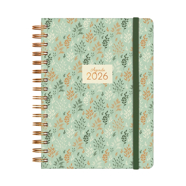 Finocam You Agenda de Espiral en Catalan - Anual 2026 - Planificador - Cierre de Goma - Formato E10 - 180x30x220mm - 1 Dia por Pagina - Tematica de Hojas