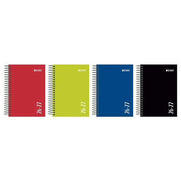Enri Agenda Escolar con Espiral - Castellano - Tapa Extradura - Formato Cuartilla - Dia Pagina - Acabado Brillante - Colores Surtidos · Pack de 4 uds.