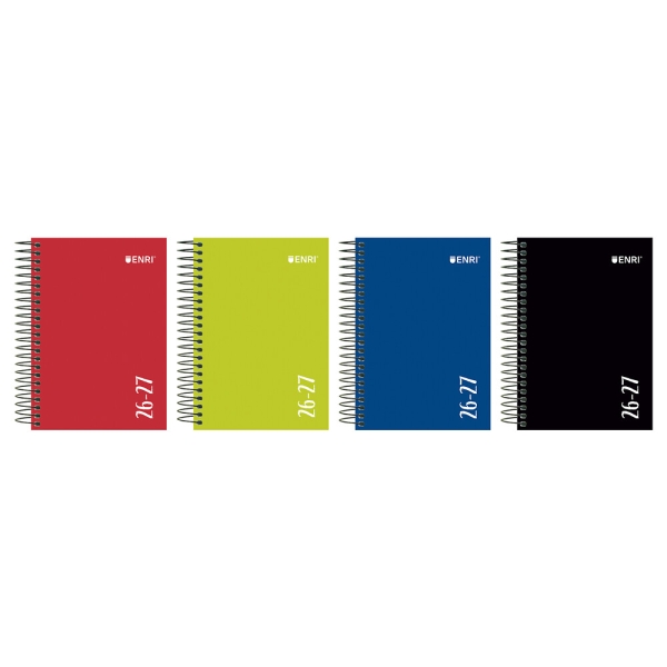 Enri Agenda Escolar con Espiral - Castellano - Tapa Extradura - Formato Cuartilla - Dia Pagina - Acabado Brillante - Colores Surtidos · Pack de 4 uds.