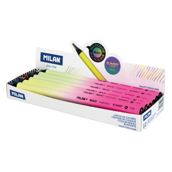 Milan Maxi Sunset Lapiz Mina 5mm Multicolor - La Mina Contiene 4 Colores: Amarillo, Rosa, Verde y Lila - Cuerpo Redondo · Pack de 12 uds.