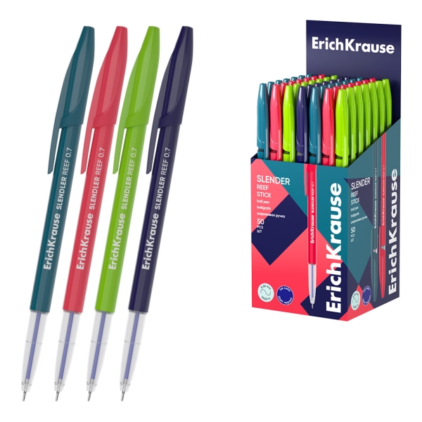 ErichKrause Slender Stick Reef Boligrafo con Capuchon - Modelos Surtidos - Trazo 0.26mm - Tinta de Baja Viscosidad - Tapa Ventilada - Color Azul · Pack de 50 uds.