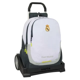 Safta Real Madrid Mochila de 22.5L con Carro Evolution Integrado - Portabotellas - Extraible para Limpieza - Carro de PP, Acero y PVC - 32x44x16cm - Color Blanco y Negro