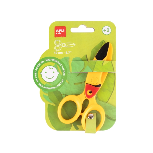 Apli Kids Tijera Preescolar 12cm - Sistema de Seguridad que Evita Cortes en la Piel, el Pelo o la Ropa - Con Formas de Animales - Diseño Tucan