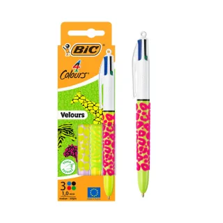 Bic 4 Colours Velours Pack con 3 Boligrafo de Bola Retractil - Punta Media de 1.0mm - Tinta con Base de Aceite - Cuerpo con Relieve Suave al Tacto - 4 Colores de Tinta