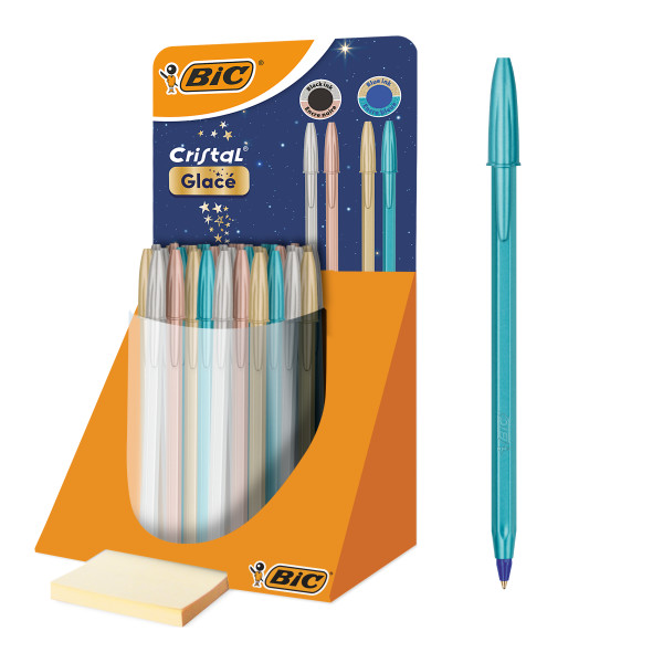 Bic Cristal Glace Expositor con 40 Boligrafos de Bola - Cuerpo Opaco en Colores Metalizados Mate - Punta Redonda de 1mm - Trazo 0.4mm - Tinta con Base de Aceite - Color de la Tinta Azul y Ne