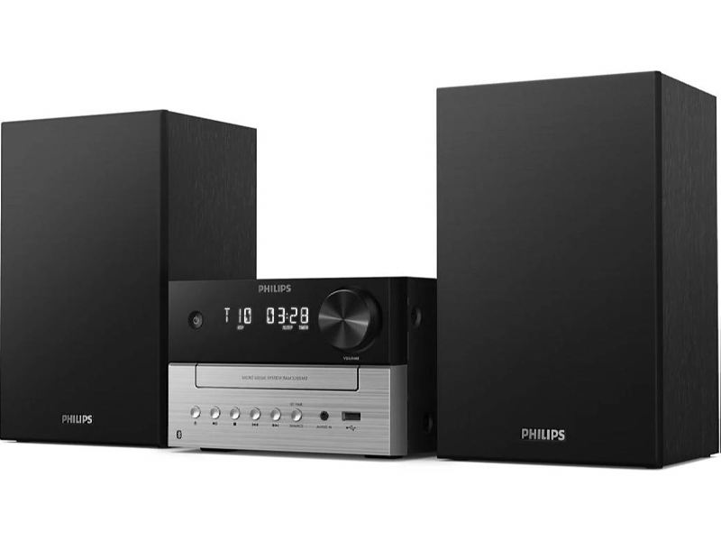 Philips Microcadena CD 20W - Bluetooth 5.4 - USB - Jack 3.5mm - Radio FM - Pantalla LED - Mando a Distancia - Alcance 30m - 2 Altavoces de 3" - Sistema Bass Reflex - Color Negro