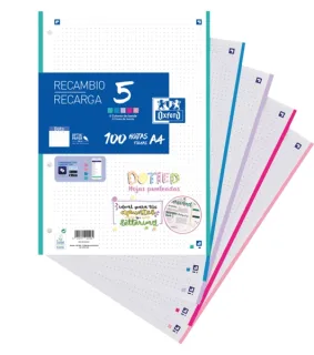 Oxford 5 Dotted Recambio de 100 Hojas Formato A4 Punteadas 4 Taladros - Banda de 5 Colores Pastel