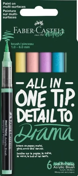Faber-Castell Multimark Acrylic Brush Pack con 6 Rotuladores Acrilicos Punta Pincel - Trazo de 1 a 6mm - Tinta Acrilica a Base de Agua - Colores Pastel Surtidos