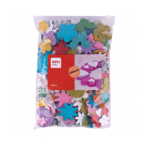 Apli Pack de 450 Formas de Goma EVA Adhesiva con Purpurina - Estrellas, Corazones, Flores y Mariposas - Grosor 2mm - Cierre Zip Mejorado - Ideal para Manualidades y Escuelas - Colores Surtid