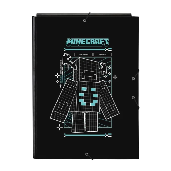 Safta Minecraft Screen Carpeta de 3 Solapas - Formato Folio - Cierre con Gomas Elasticas - Tapas Duras Forradas - 26x33.5x2.5cm - Color Negro
