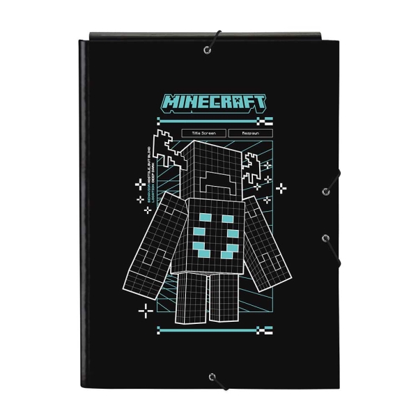 Safta Minecraft Screen Carpeta de 3 Solapas - Formato Folio - Cierre con Gomas Elasticas - Tapas Duras Forradas - 26x33.5x2.5cm - Color Negro