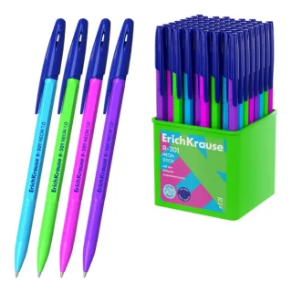 ErichKrause R-301 Stick Neon Boligrafo con Capuchon - Modelos Surtidos - Trazo 0.5mm - Tinta de Secado Rapido - Contenedor de Plastico - Tapa Ventilada - Color Azul · Pack de 70 uds.