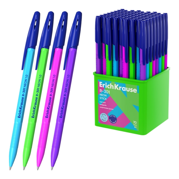 ErichKrause R-301 Stick Neon Boligrafo con Capuchon - Modelos Surtidos - Trazo 0.5mm - Tinta de Secado Rapido - Contenedor de Plastico - Tapa Ventilada - Color Azul · Pack de 70 uds.