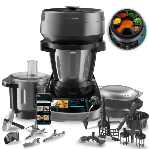 Cecotec Mambo CooKing TotalGourmet Robot de Cocina con Dispensador de Alimentos Automatico - 2200W - Recetario - Accesorios Multifuncion - Pantalla Tactil - Control con App - Color Gris y Ne