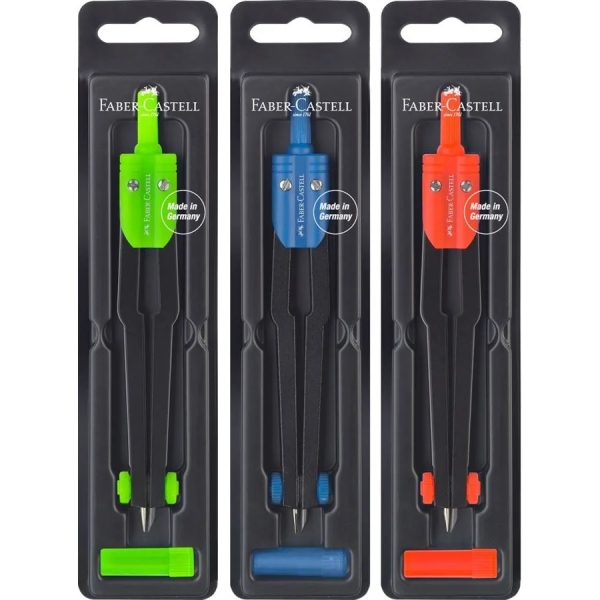 Faber-Castell Compas Escolar - Circunferencias de hasta Ø 360mm - Incluye Bote de Minas - Colores Surtidos · Pack de 5 uds.