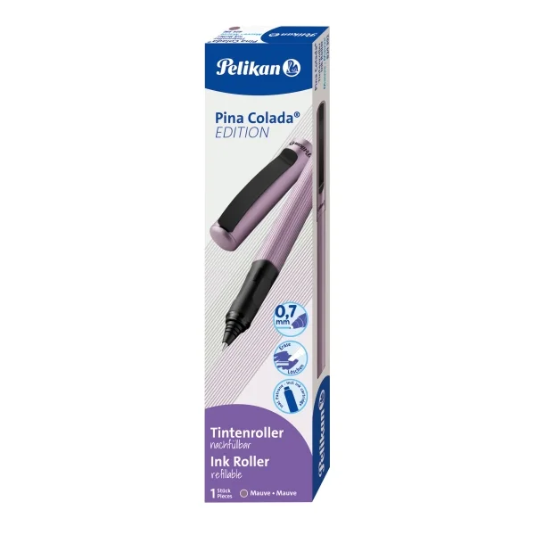 Pelikan Pina Colada Boligrafo Recargable - Trazo de 0.7mm - Agarre Ergonomico Ambidiestro - Cuerpo Rayado Efecto Metalico - Cartucho TP6 Azul Real - Color Malva · Pack de 8 uds.