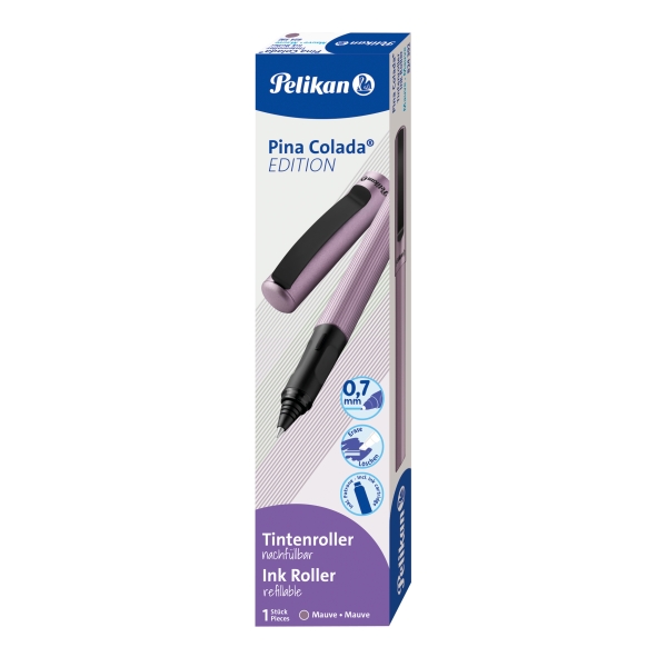 Pelikan Pina Colada Boligrafo Recargable - Trazo de 0.7mm - Agarre Ergonomico Ambidiestro - Cuerpo Rayado Efecto Metalico - Cartucho TP6 Azul Real - Color Malva · Pack de 8 uds.