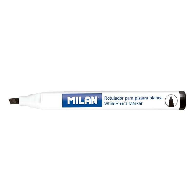 Milan Rotuladores para Pizarra Blanca con Punta Biselada - Punta 1 - 4 mm - Tinta a Base de Alcohol - Borrable en Seco - Color Negro · Pack de 12 uds.