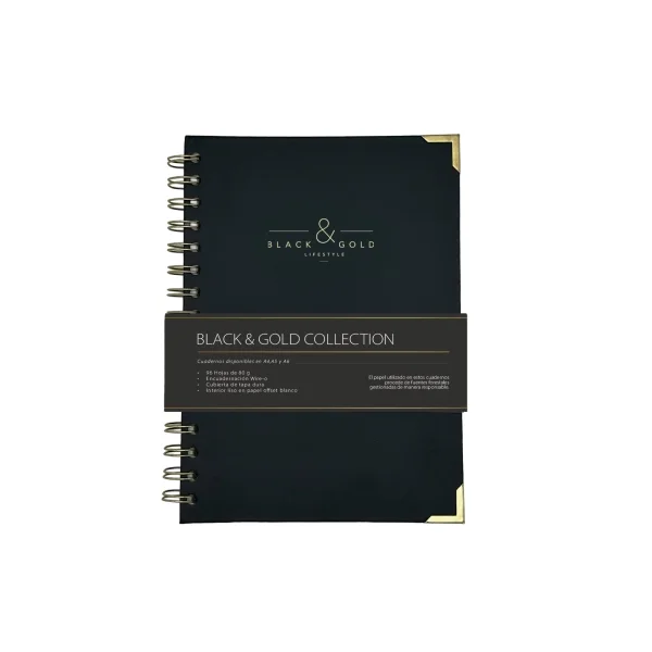 Dohe Black & Gold Cuaderno de Espiral Metalica Wire-O A5 - 96 Hojas Lisas de 80g - Tapa Dura en Carton Forrado con Polipiel - Cantoneras Metalicas Doradas - Color Negro