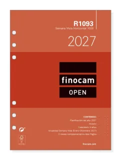Finocam R1093 Recambio para Agenda Open - Anual 2027 - Semana Vista Horizontal - Formato 1000 - 155x215mm - 6 Taladros - Papel de 80g/m2 - Color Blanco