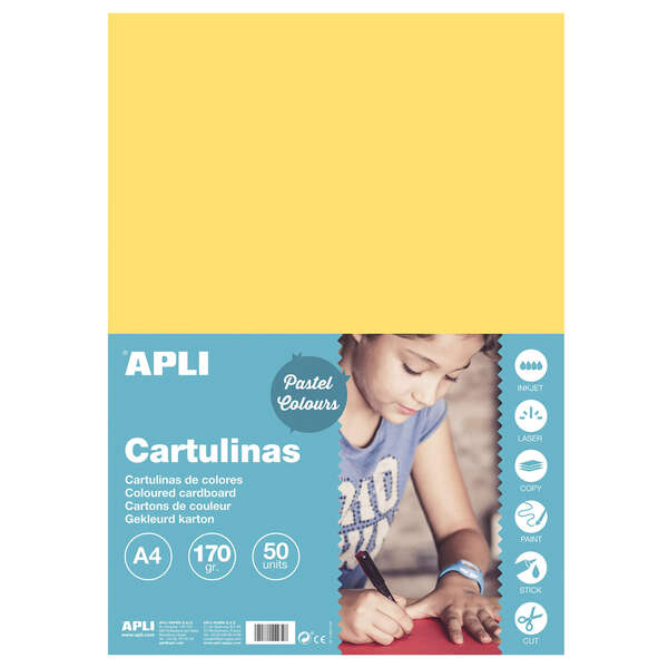 Apli Pack de 50 Cartulinas A4 170 g/m² - Color Amarillo Claro
