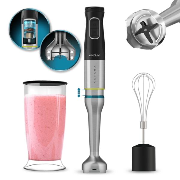 Cecotec Katana 15 Cream Batidora de Mano - Potencia de 1500W - Funcion Oscilante - Cuchillas de Titanio - 21 Velocidades - Campana Antisalpicaduras - Vaso 800ml con Tapa - Funcion Turbo - Co