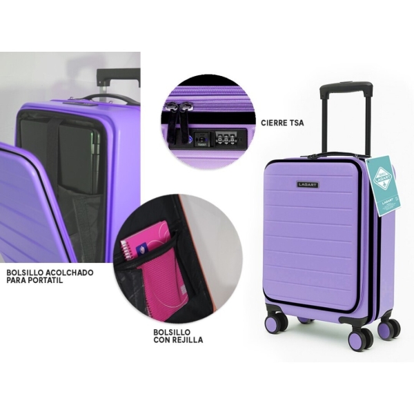 Lagart Maleta Trolley Pocket de Cabina Rigida 20” 55x34x25cm - Compartimento Frontal Acolchado para Portatil - Cierre TSA - Ruedas Dobles 360º - Color Lila Pastel