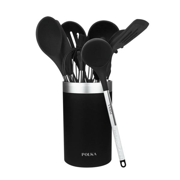 Cecotec Polka Exclusive Wood and Rock Pack de 9 Utensilios de Cocina - Incluye Soporte - Materiales Silicona y Acero - Resistente hasta 220°C - Libre de BPA - Silicona Antiadherente - Color