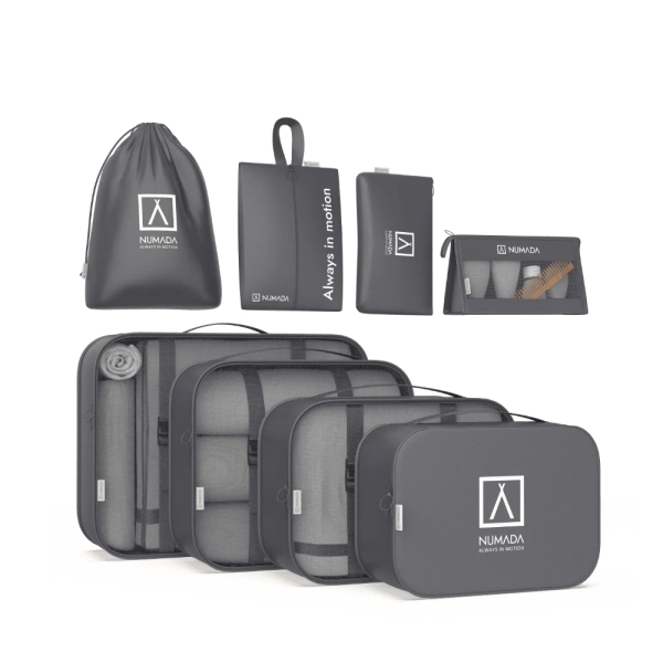 Numada Midweek A80 Pack de 8 Organizadores de Maleta - Poliester Impermeable - Malla Semitransparente - Cremallera con Doble Tirador - Color Gris Oscuro